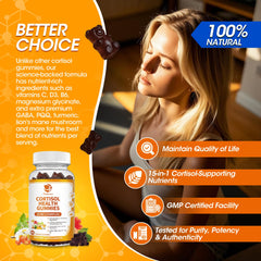 Packaging of Cortisol Gummies highlighting vegan option and 180-count