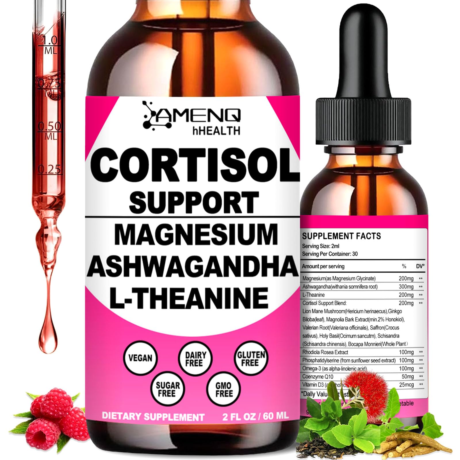 Cortisol liquid drops raspberry flavor bottle front view