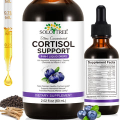 Front view of cortisol reducer liquid drops bottle with blueberry flavor label.