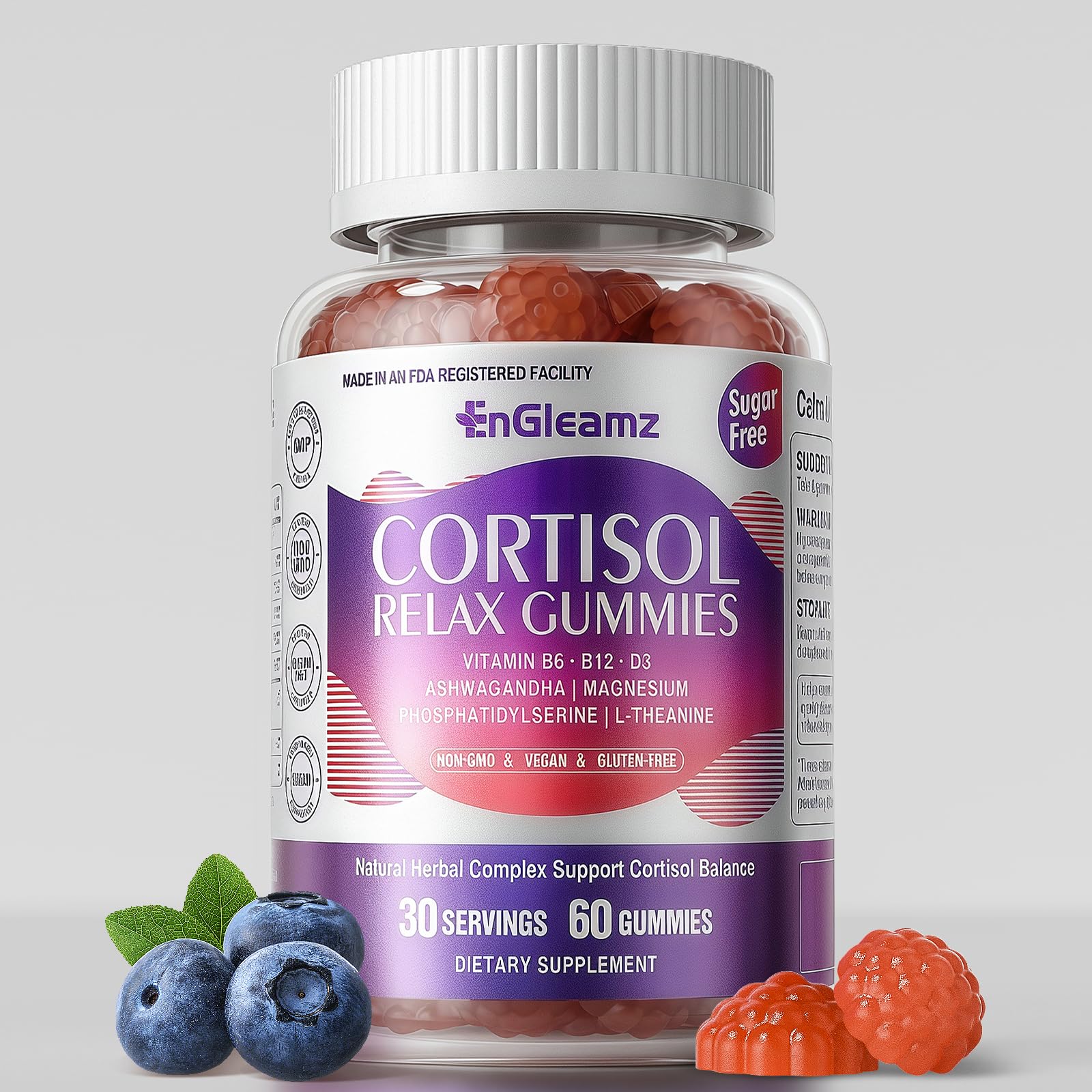EnGleamz Cortisol Relax Gummies Blueberry flavor - Sugar-Free, Gluten-Free, Non-GMO