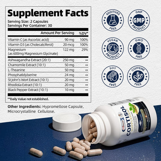 Ashwagandha, Magnesium Glycinate and L-Theanine ingredients for cortisol balance