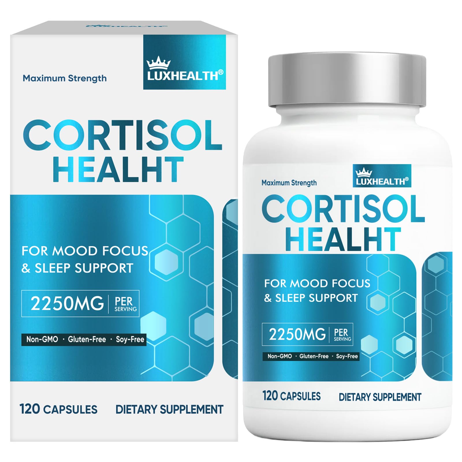 Bottle of Cortisol Reducer featuring ashwagandha and rhodiola with 120 capsules