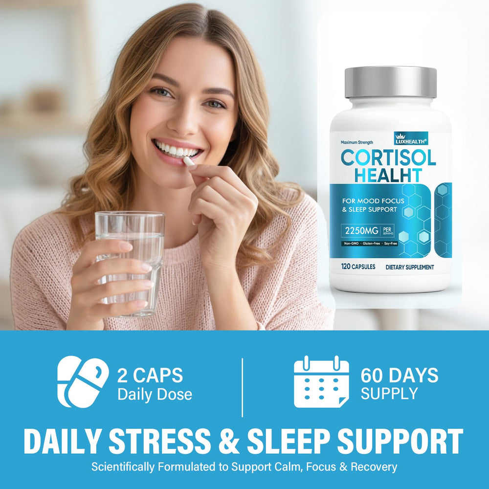Close-up of cortisol reducer bottle label showing 120 capsules