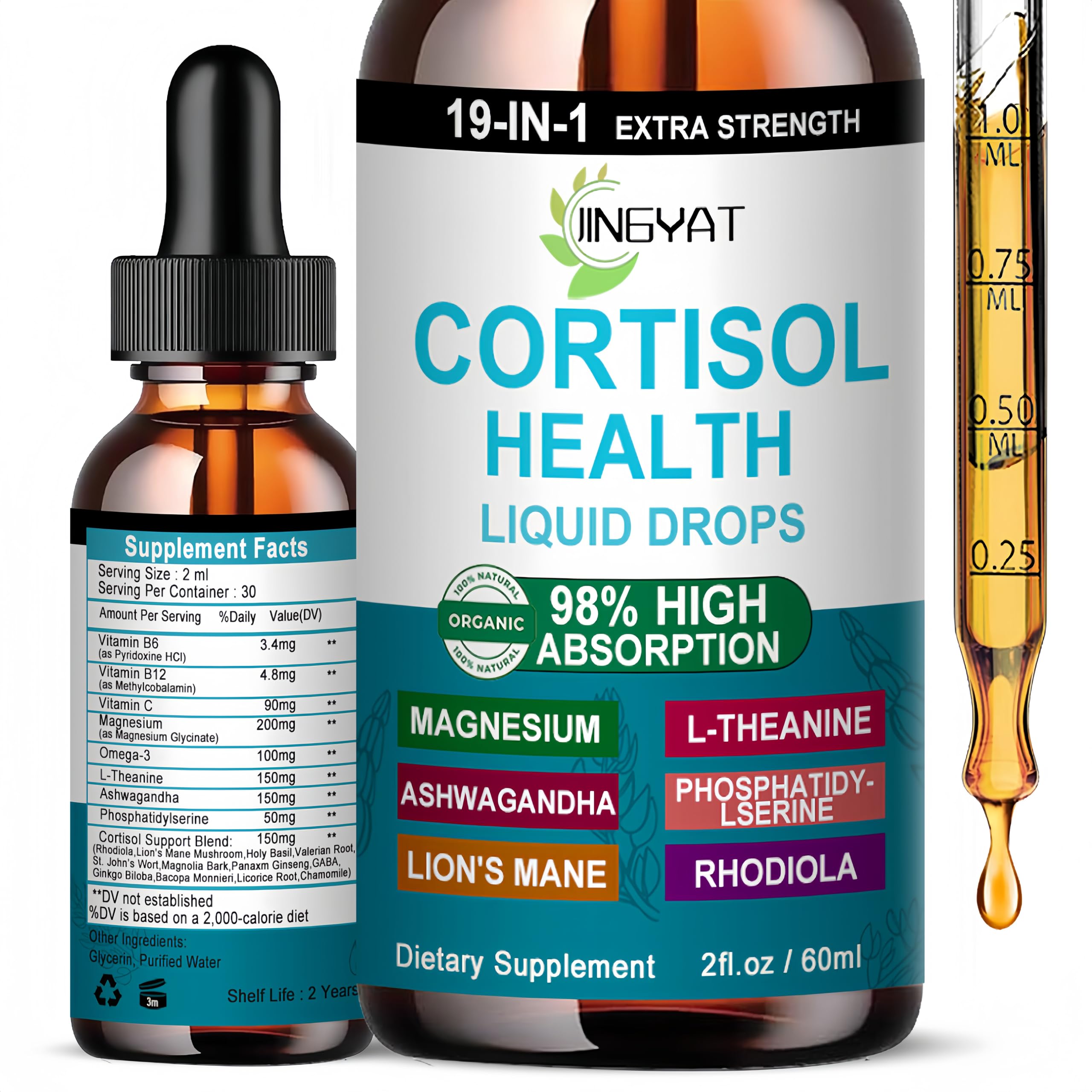 Bottle of cortisol supplements for women with dropper