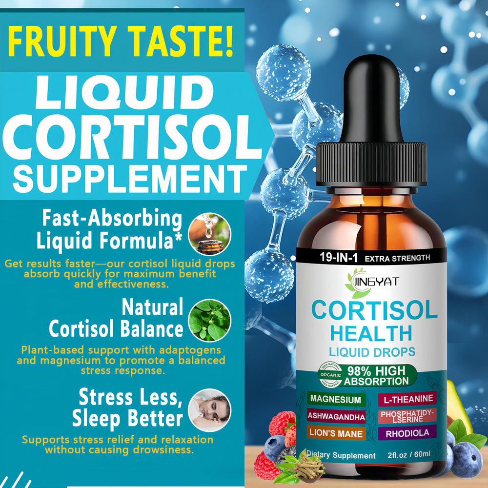 Fast-absorbing cortisol liquid drops dispensing illustration