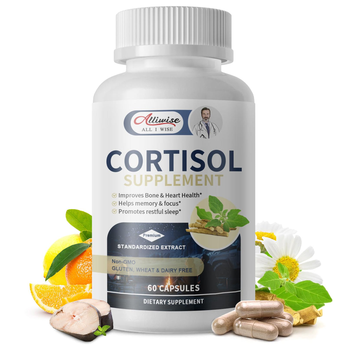 Cortisol supplements bottle showing 10-in-1 formula for men and women