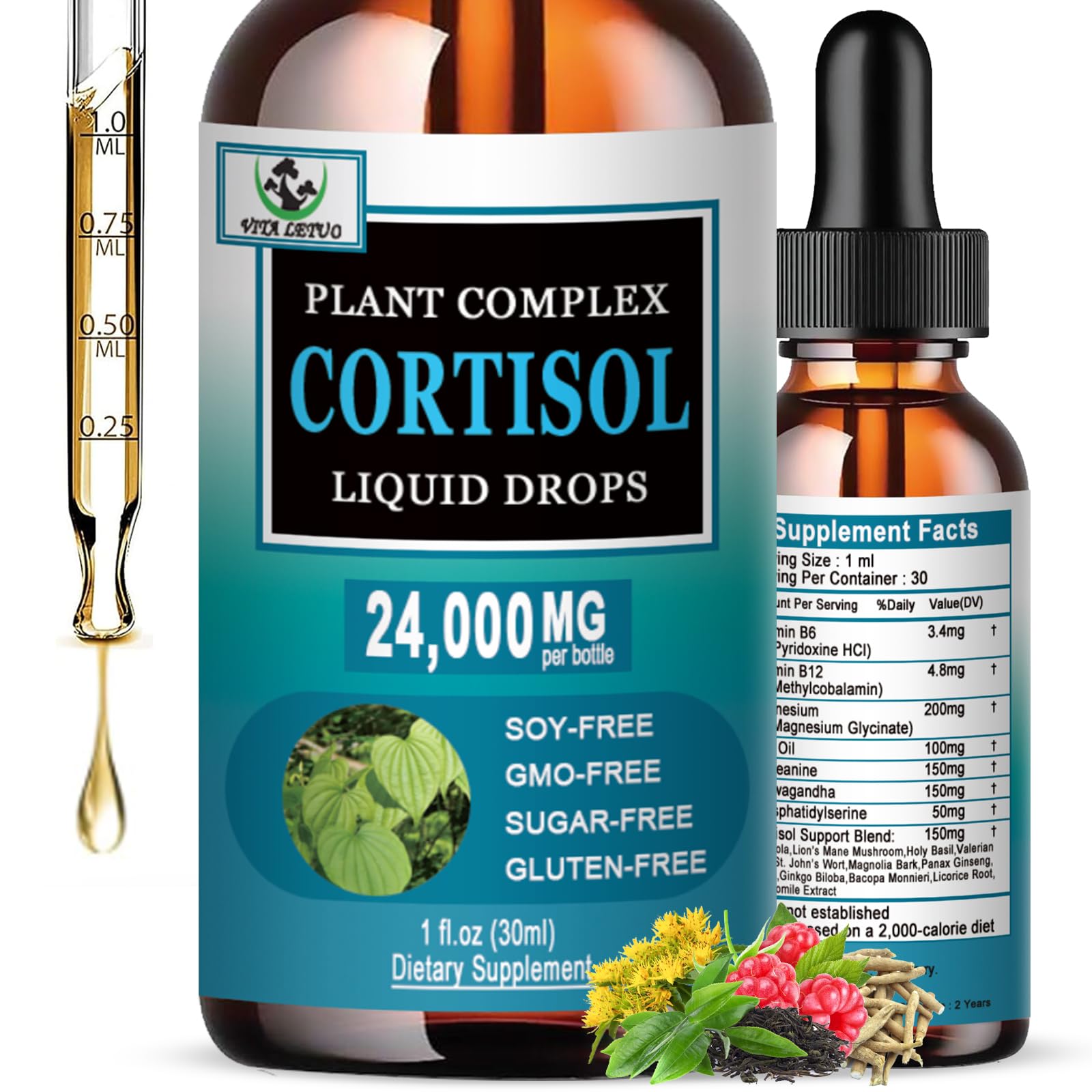 Front view of Vita Letuo Cortisol Liquid Drops bottle for women