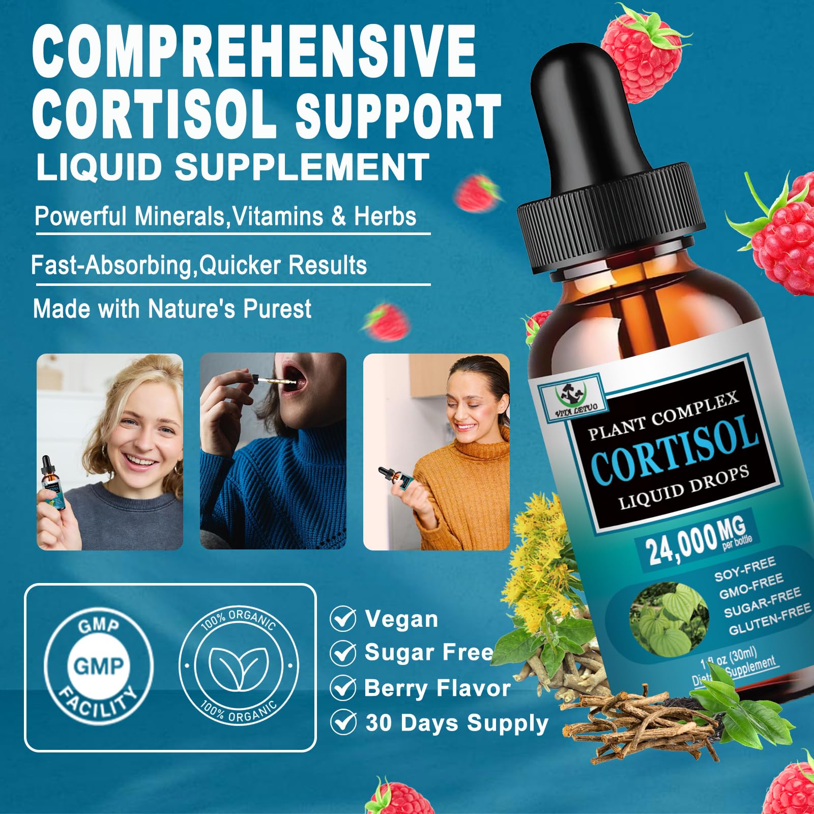 Ingredients layout: Ashwagandha, Rhodiola, Holy Basil, Lion's Mane, Phosphatidylserine