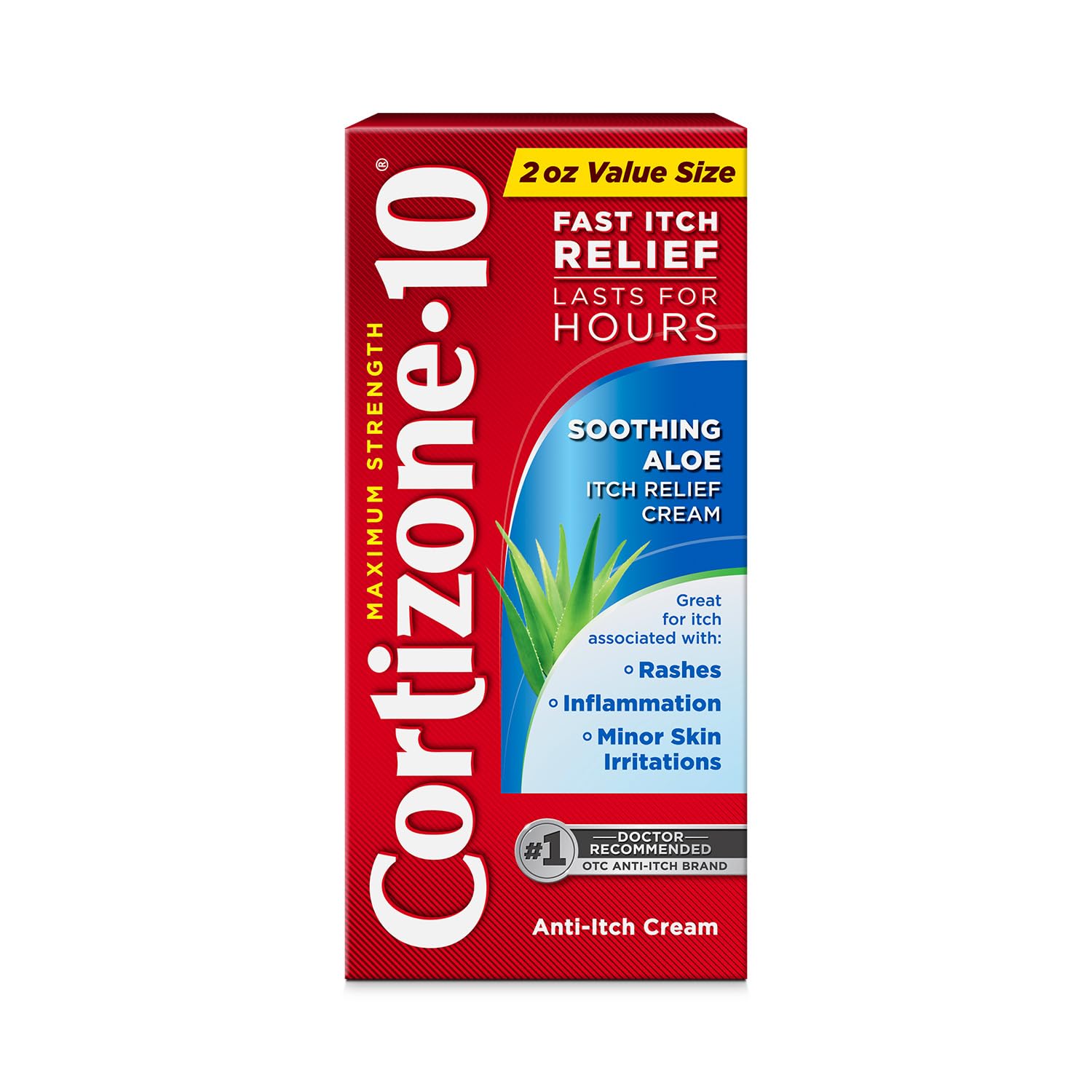 Cortizone-10 maximum-strength soothing aloe cream tube for fast itch relief.