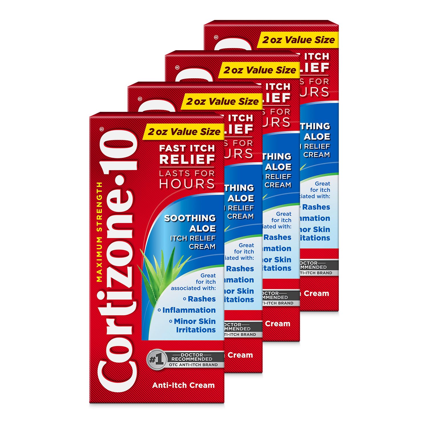 Cortizone-10 maximum-strength soothing aloe tube application provides quick itch relief on irritated skin.