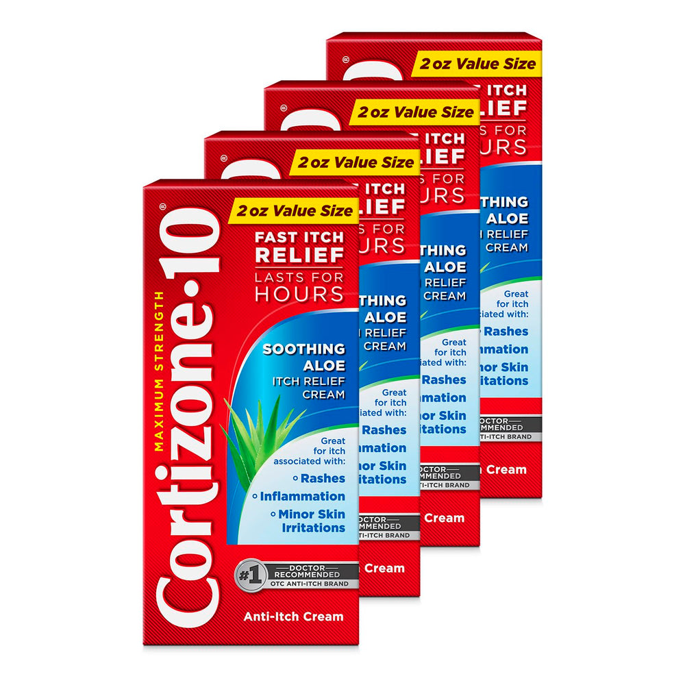 Cortizone-10 maximum-strength soothing aloe tube application provides quick itch relief on irritated skin.