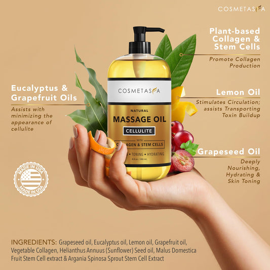 Hands applying Cosmetasa cellulite oil to skin during massage
