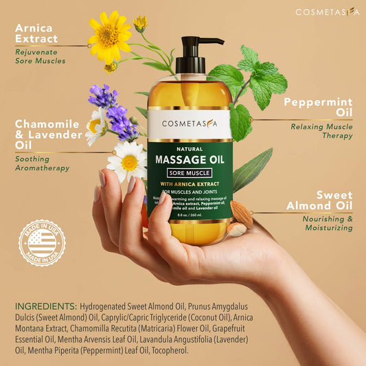 Arnica sore muscle massage oil with chamomile and mint
