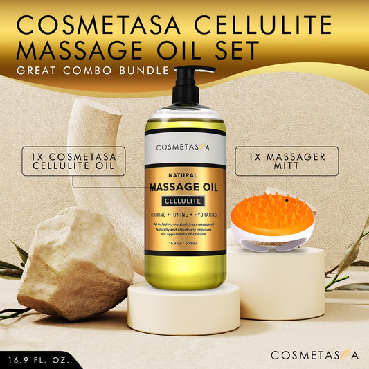 Cosmetasa Massager Mitt with bottle of cellulite massage oil