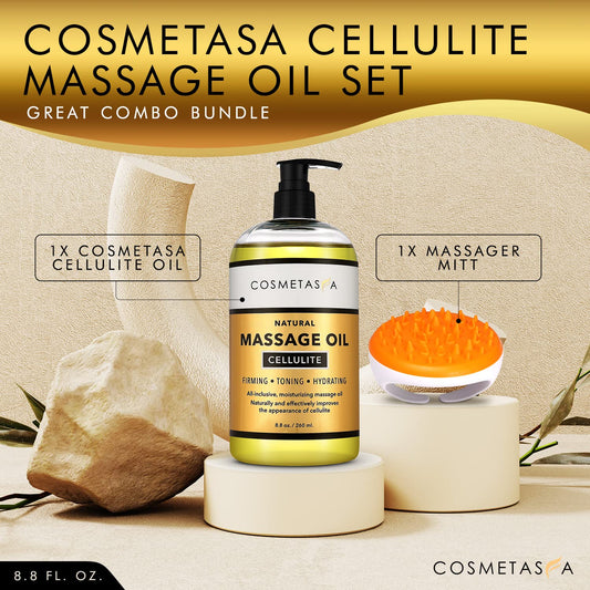 Close-up of Cosmetasa Massager Brush and cellulite oil