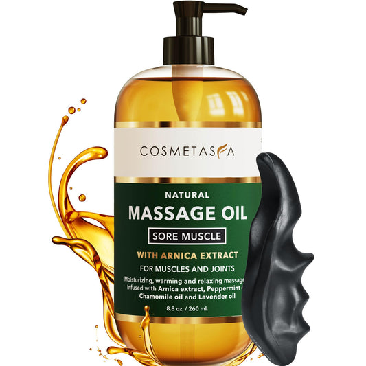 Cosmetasa Sore Muscle Massage Oil bottle 8.8 oz with Deep Tissue Thumb Saver