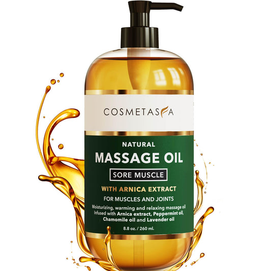 Cosmetasa Sore Muscle Massage Oil bottle front showing 8.8 oz