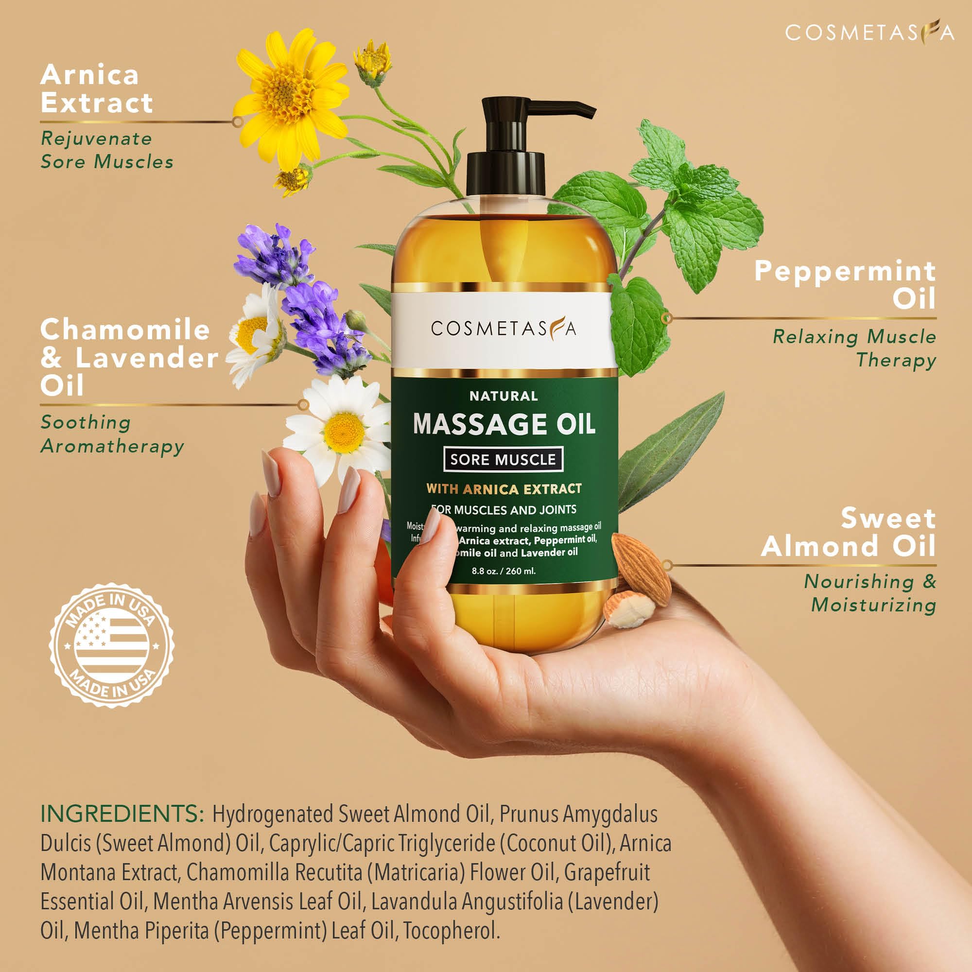 Close-up of the product label on Cosmetasa Sore Muscle Massage Oil