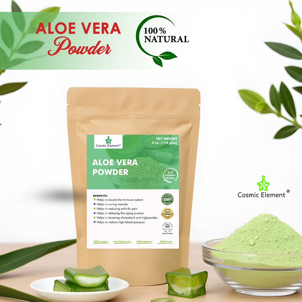 Cosmic Element Aloe Vera Powder after sun care for refreshing relief.