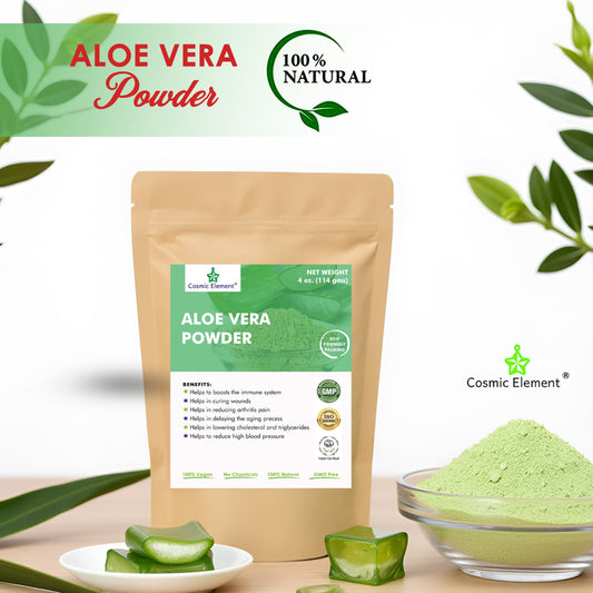 Cosmic Element Aloe Vera Powder after sun care for refreshing relief.