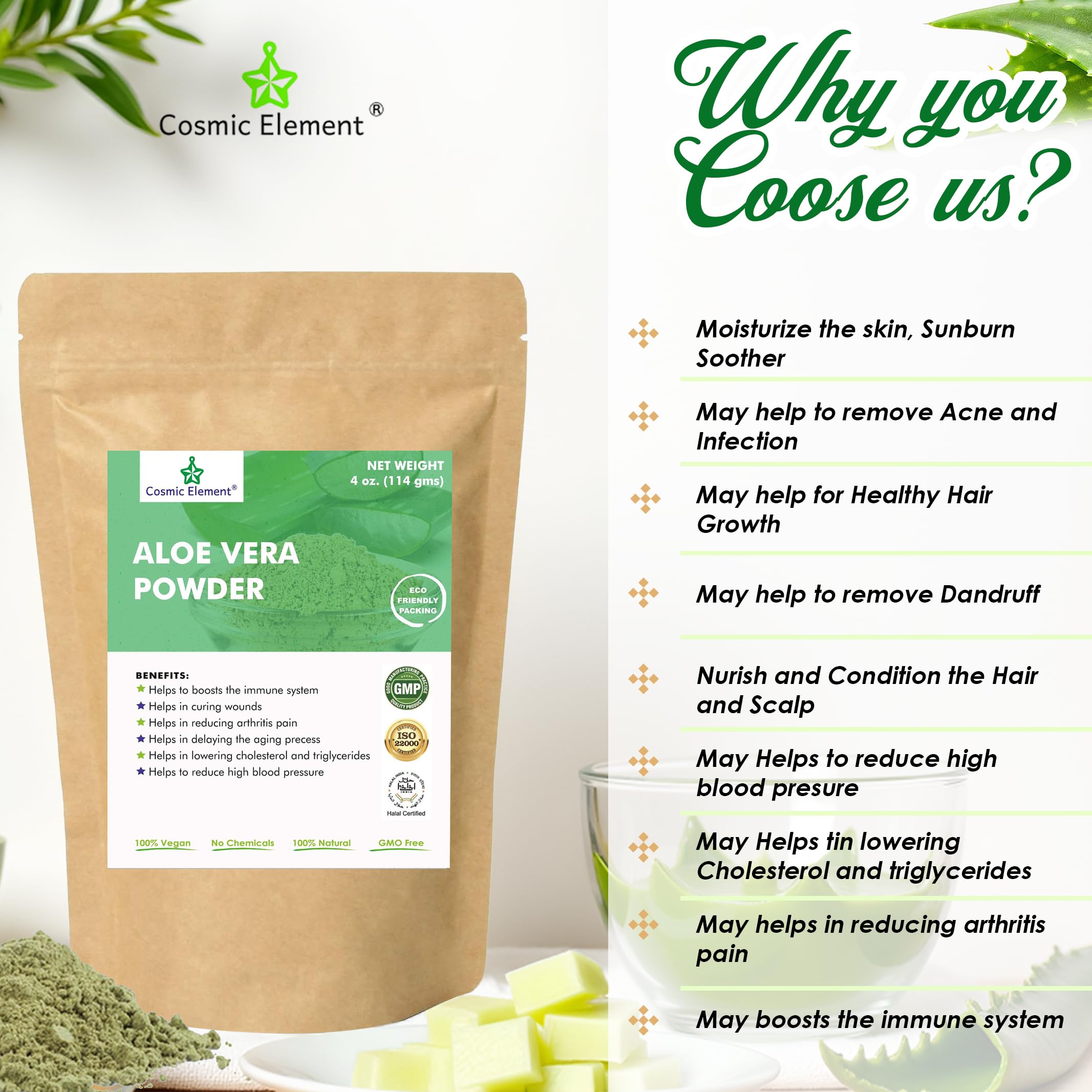 Cosmic Element Aloe Vera Powder supports hair care and scalp nourishment.