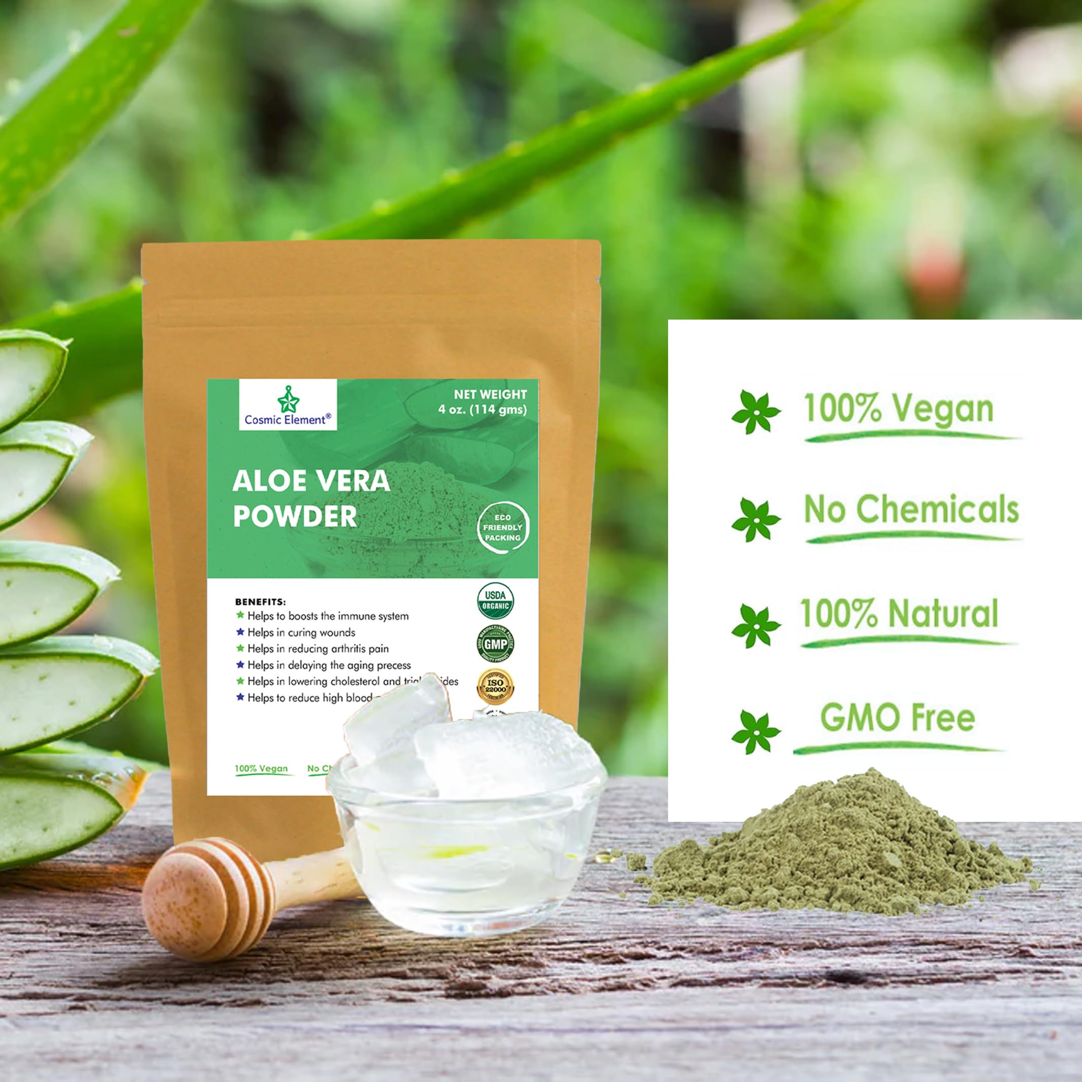 Cosmic Element Aloe Vera Powder ideal for dry and acne prone skin routines.