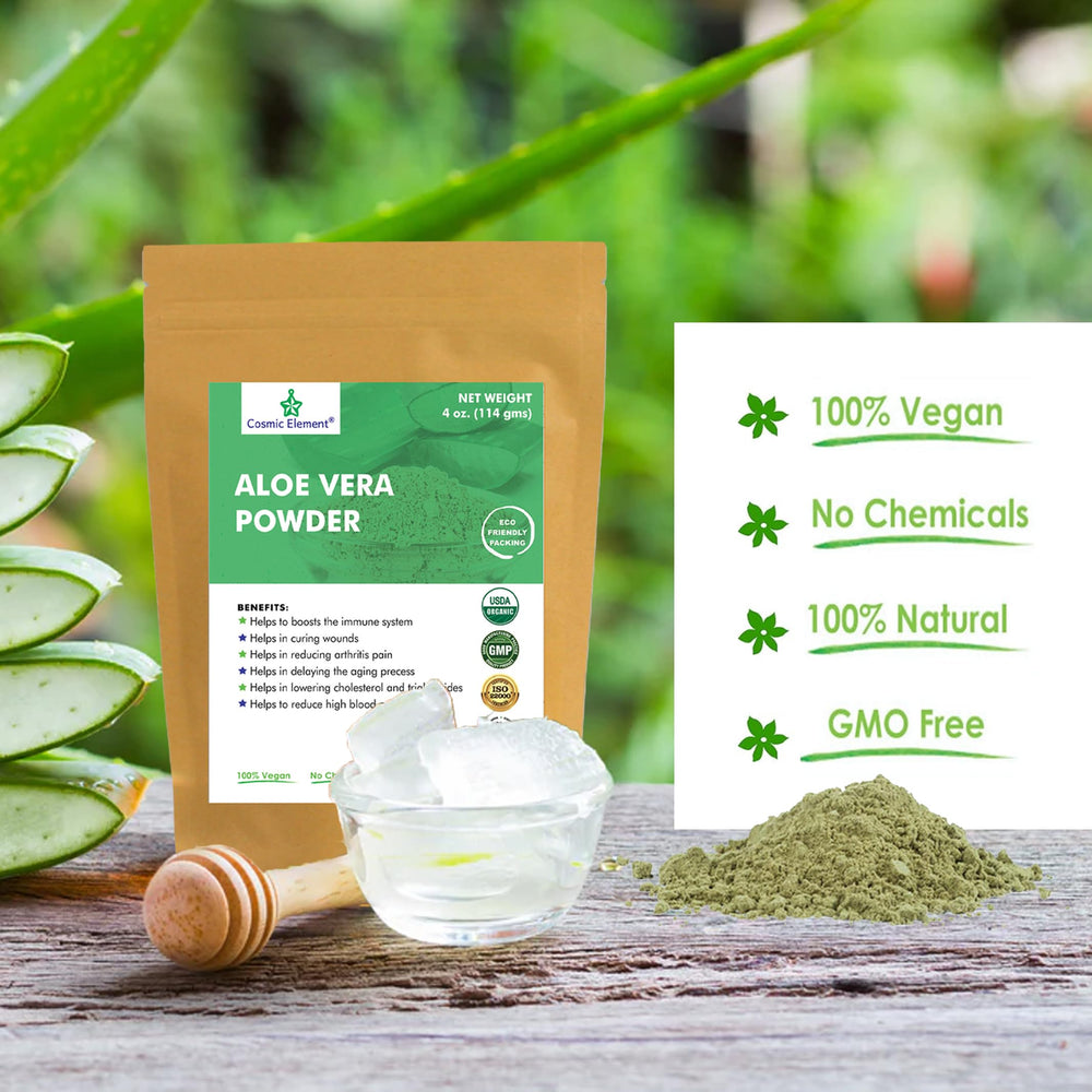 Cosmic Element Aloe Vera Powder ideal for dry and acne prone skin routines.