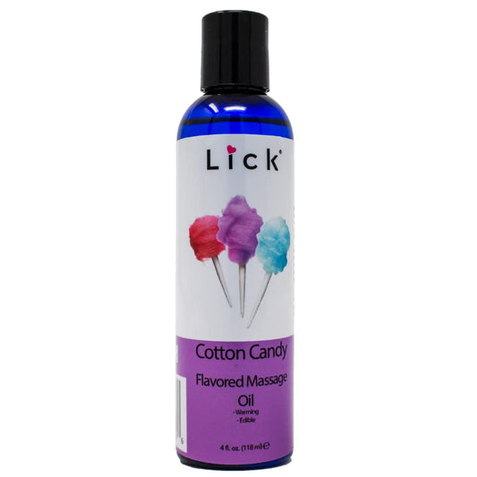 Cotton candy flavored edible massage oil in a 4 oz bottle