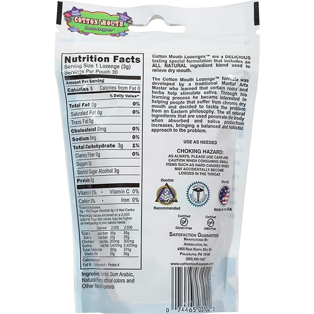 Box packaging showing Cotton Mouth Lozenges Fruit Mix six bags