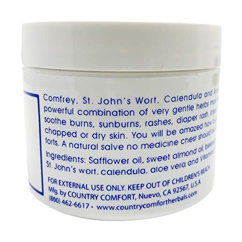 Close-up of 2 oz Country Comfort salve tube label