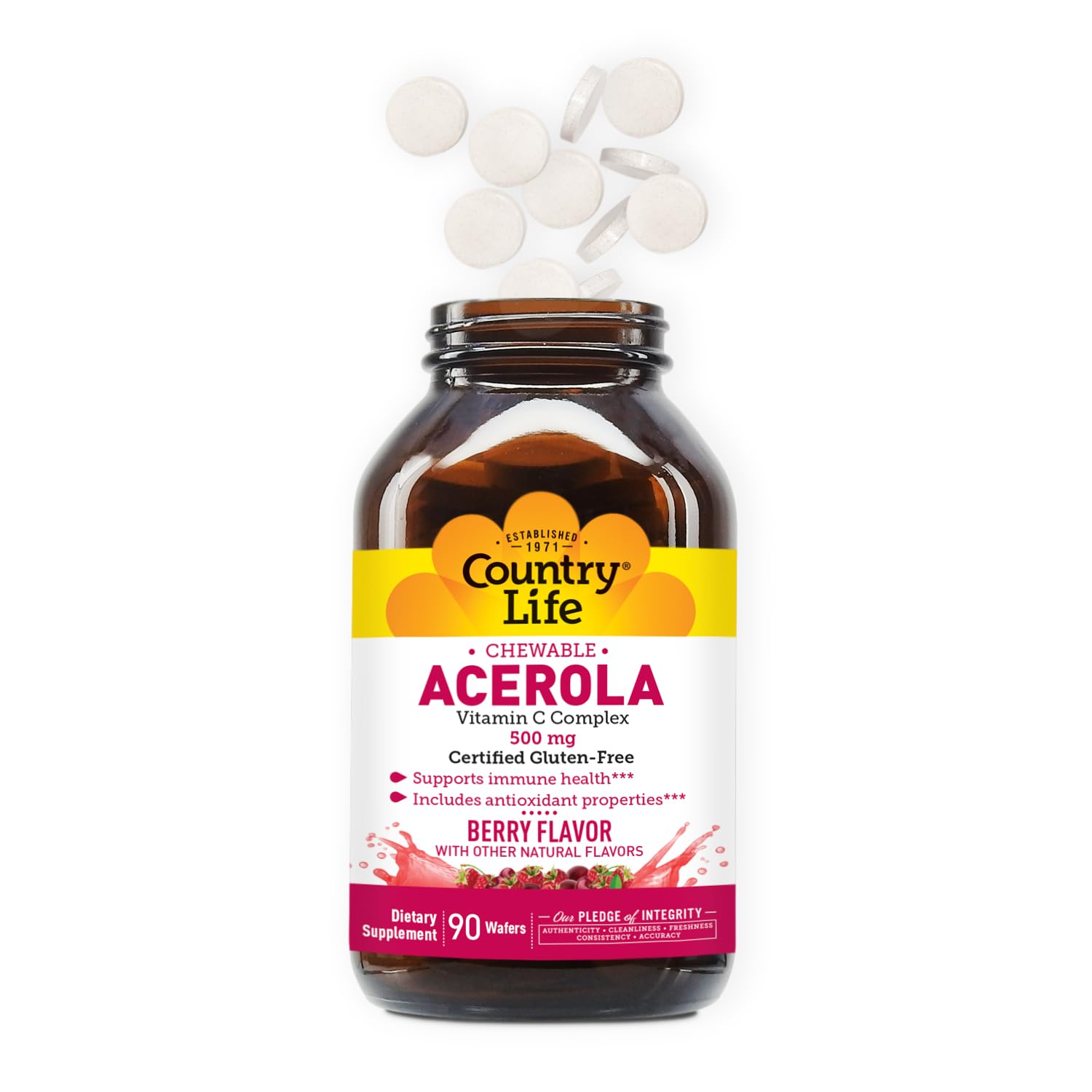 Nutrition facts panel for Country Life Acerola Vitamin C Complex
