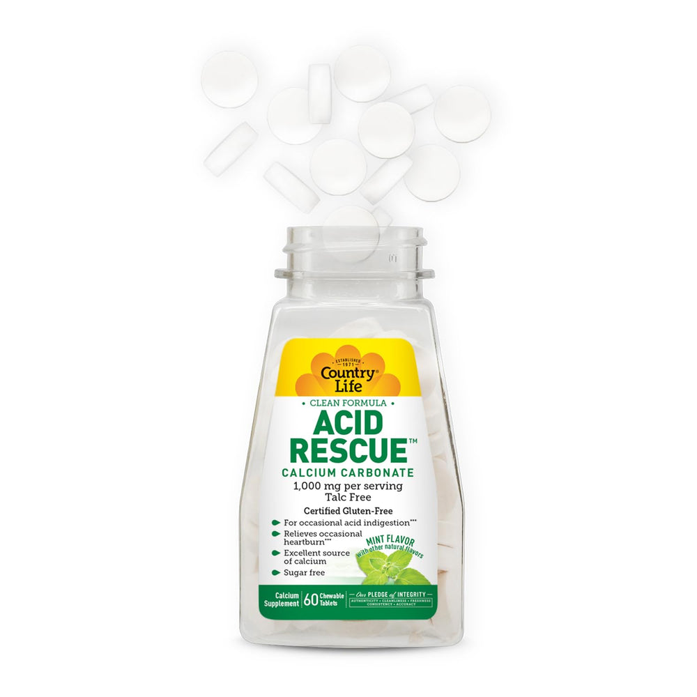 Country Life Acid Rescue bottle closeup highlighting vegan, gluten-free, non-GMO formula.