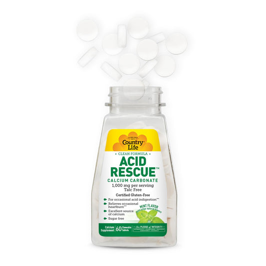 Country Life Acid Rescue bottle closeup highlighting vegan, gluten-free, non-GMO formula.