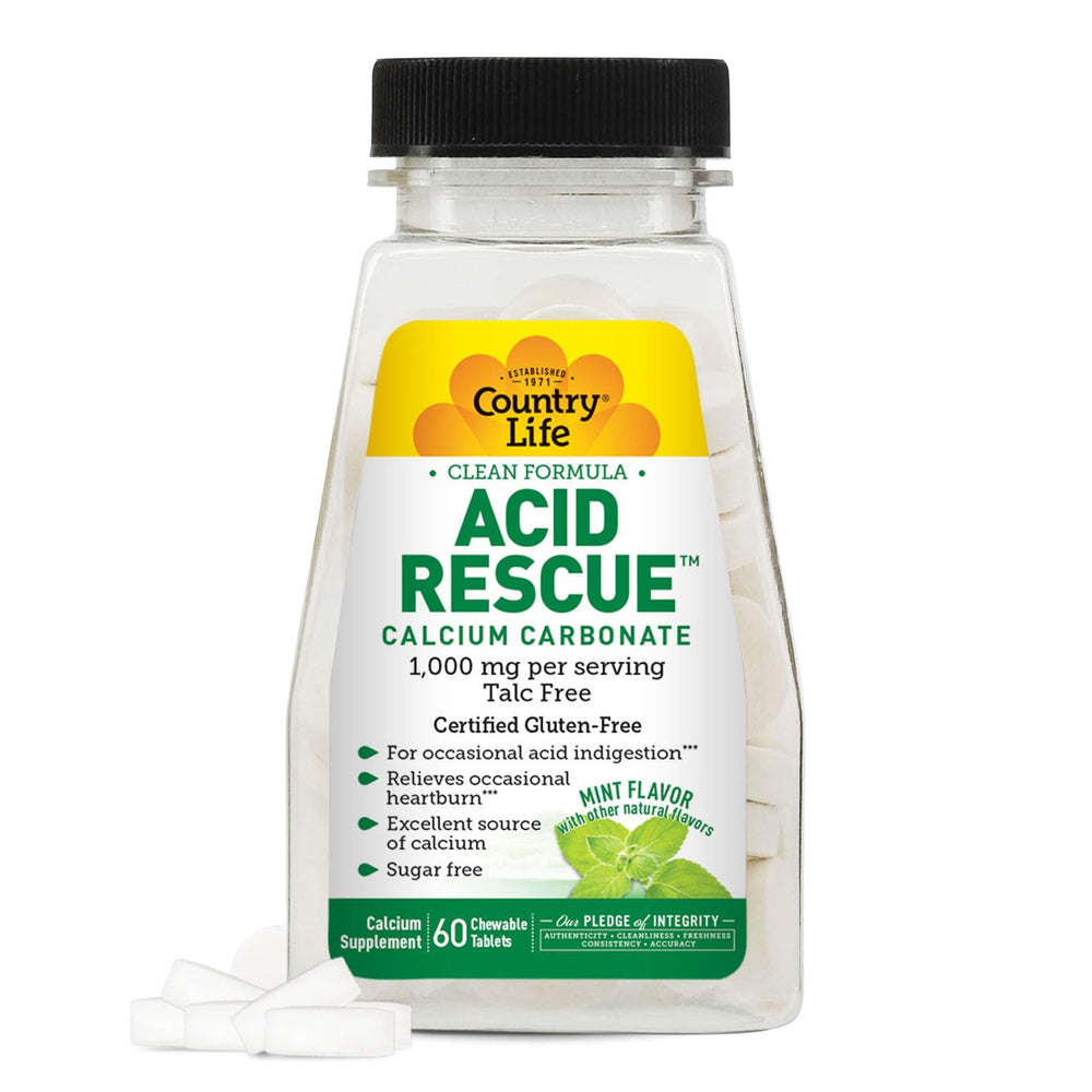 Country Life Acid Rescue chewable tablets bottle with mint flavor for on-the-go heartburn relief.