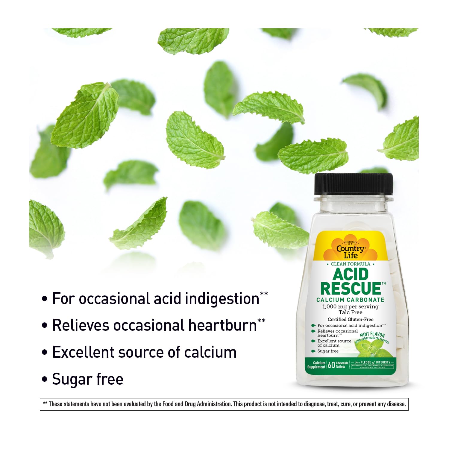 Country Life Acid Rescue chewables calcium and magnesium illustration indicating mineral support for bone health.
