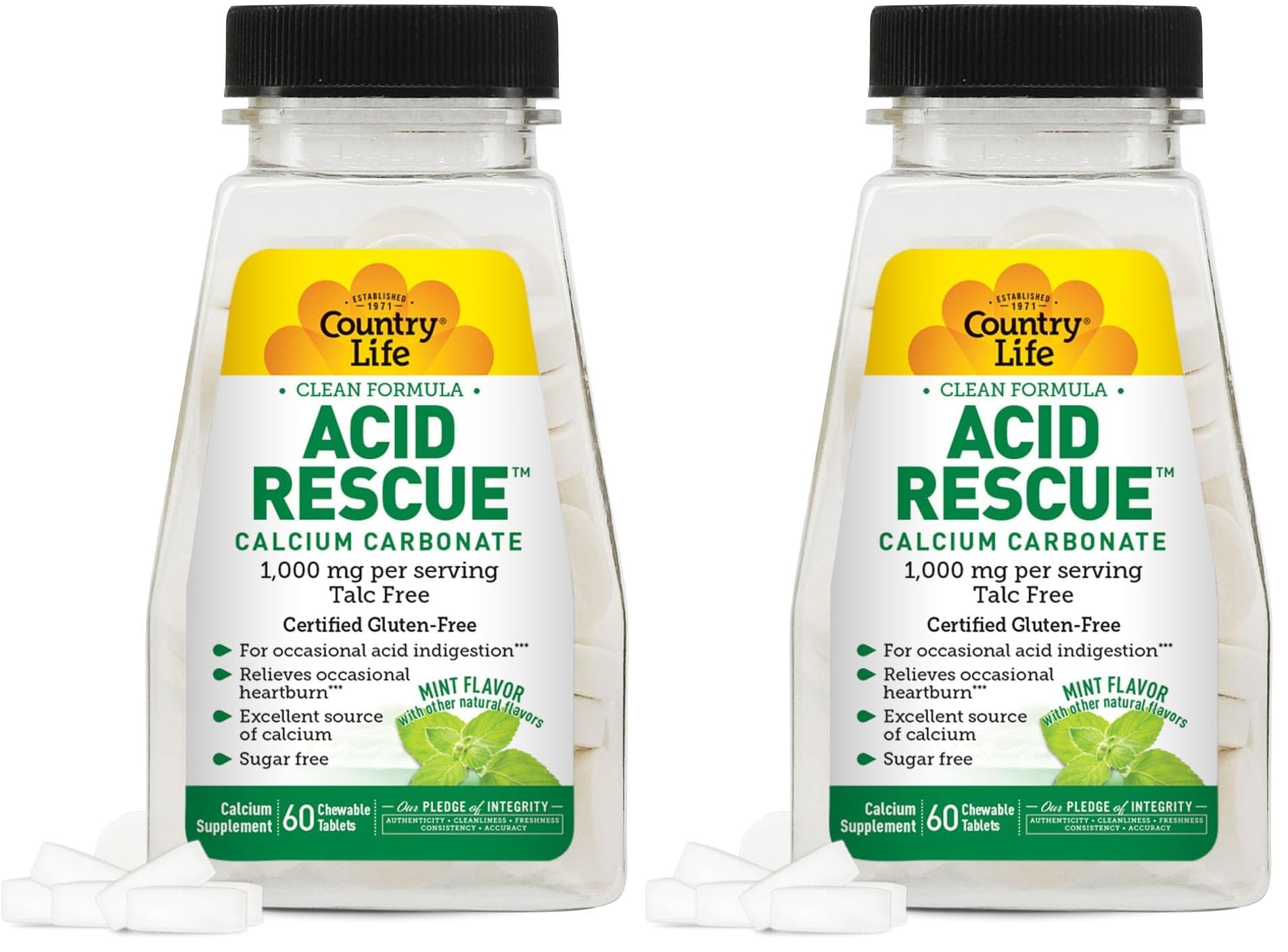 Country Life Acid Rescue chewable tablets front-view bottle shows mint flavor for quick heartburn relief.