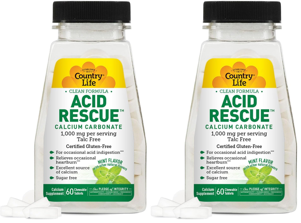 Country Life Acid Rescue chewable tablets front-view bottle shows mint flavor for quick heartburn relief.