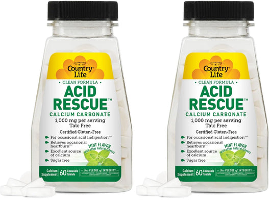 Country Life Acid Rescue chewable tablets front-view bottle shows mint flavor for quick heartburn relief.
