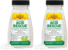 Country Life Acid Rescue chewable tablets front-view bottle shows mint flavor for quick heartburn relief.