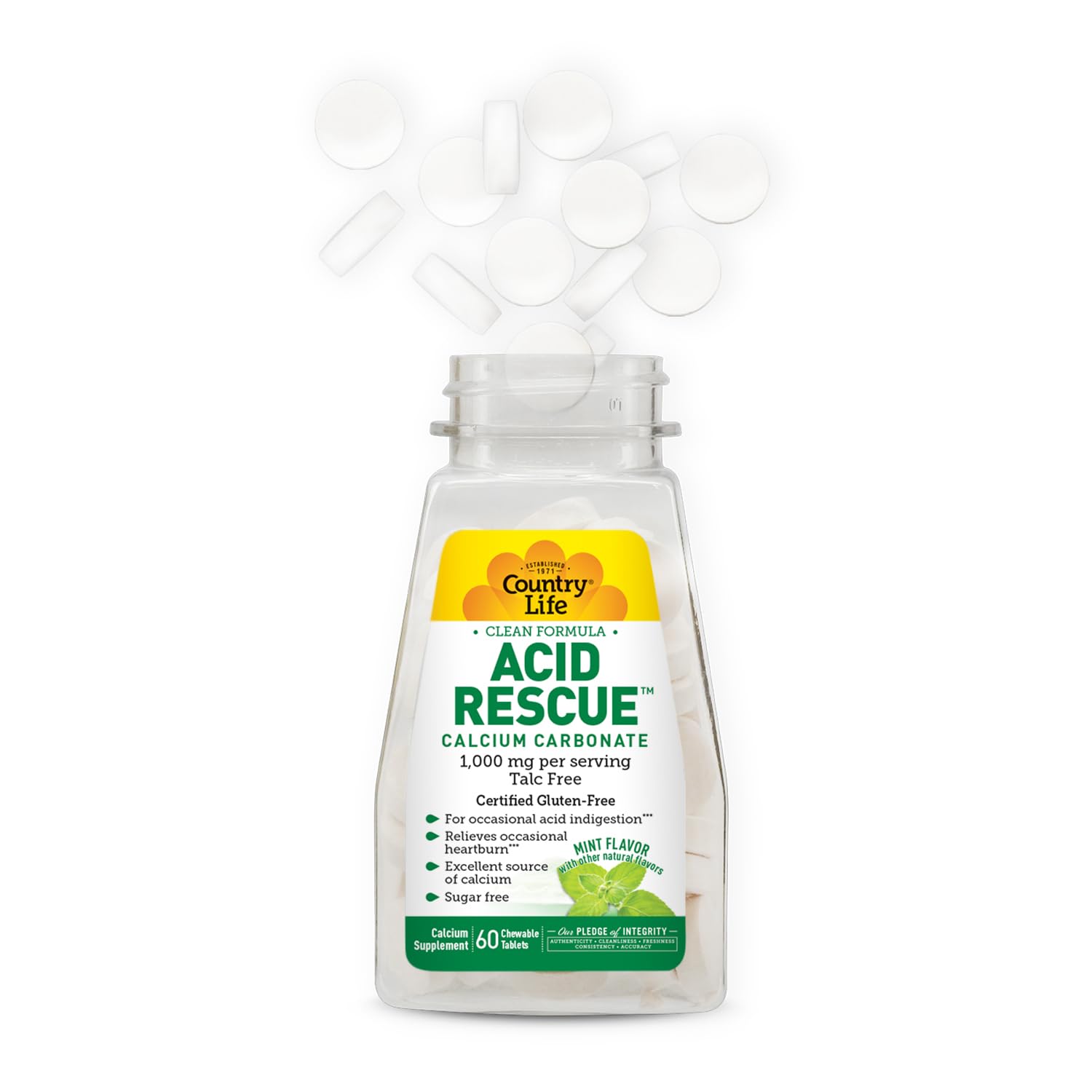 Country Life Acid Rescue chewable tablets label close-up highlights vegan, gluten-free, non-GMO formulation.
