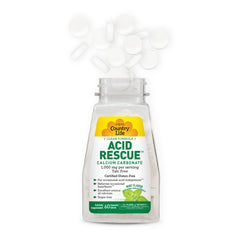 Country Life Acid Rescue chewable tablets label close-up highlights vegan, gluten-free, non-GMO formulation.