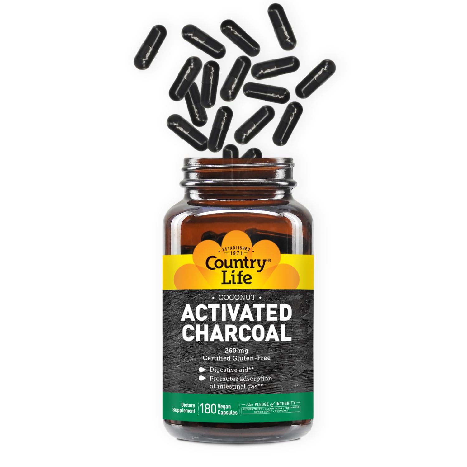 Front view of Country Life Activated Organic Coconut Charcoal Capsules bottle