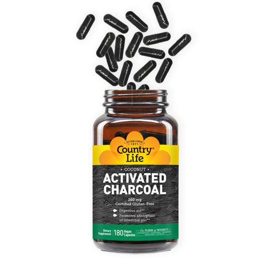Front view of Country Life Activated Organic Coconut Charcoal Capsules bottle