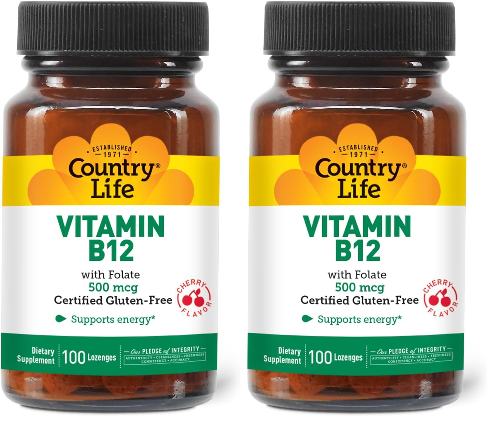 Country Life B12 with Folate 500mcg bottle and packaging – 100 lozenges, pack of 2