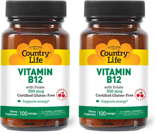 Country Life B12 with Folate 500mcg bottle and packaging – 100 lozenges, pack of 2