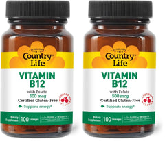 Country Life B12 with Folate 500mcg bottle and packaging – 100 lozenges, pack of 2