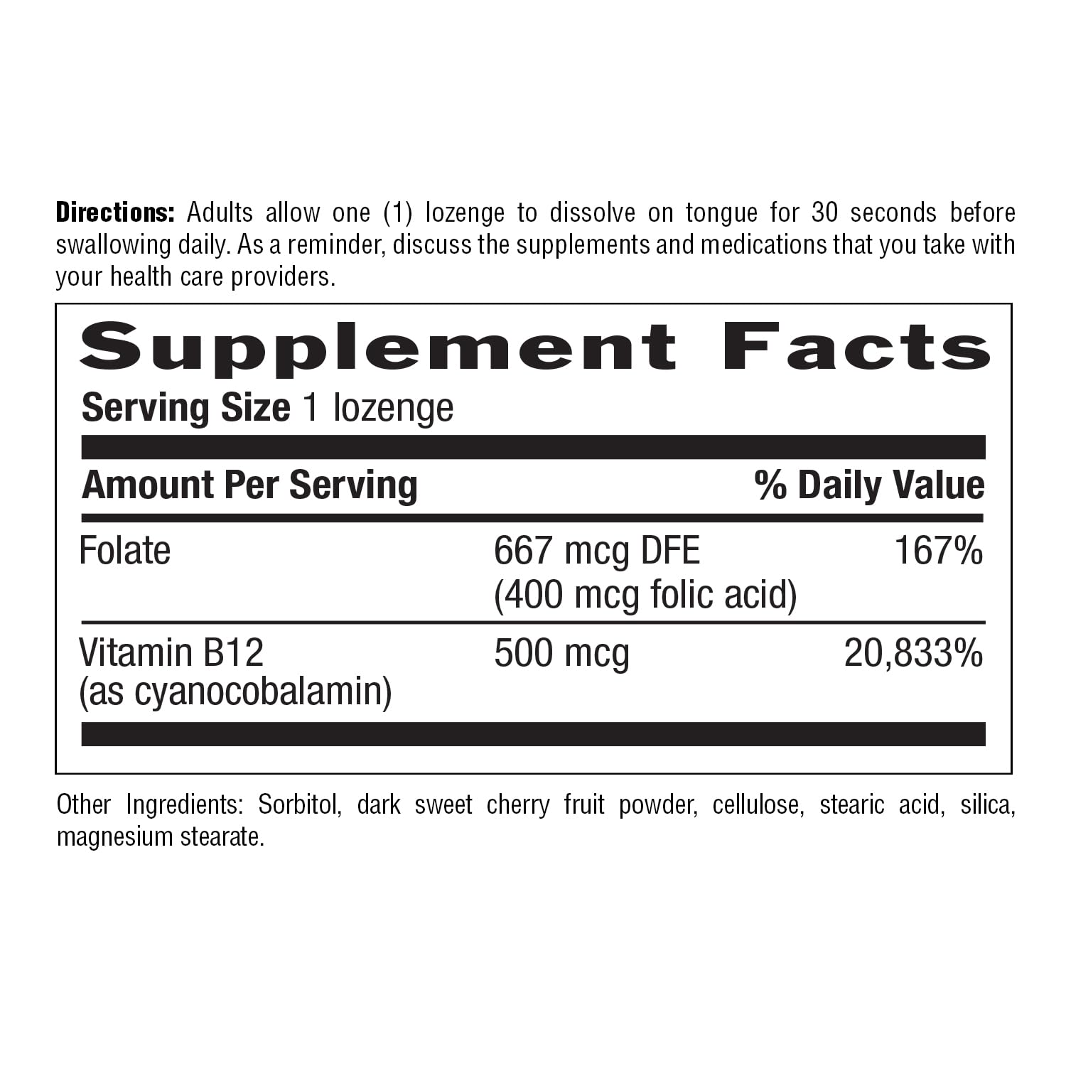 Nutrition facts and 500mcg B12 detail on bottle label