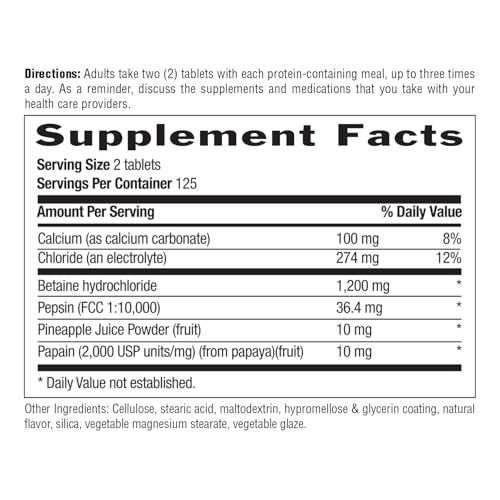 Back label view of Country Life Betaine HCl with Pepsin 600 mg showing supplement facts