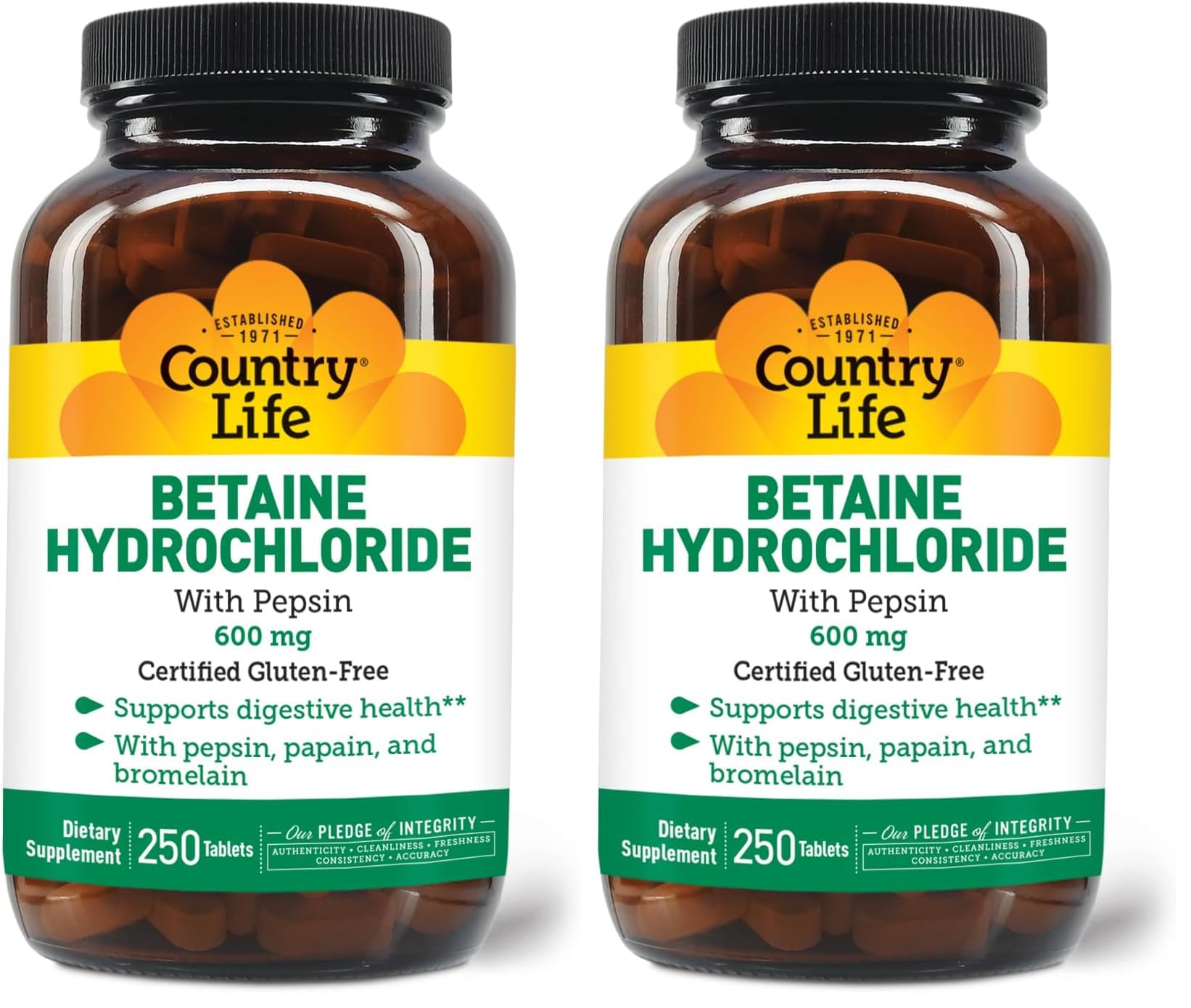 Front view of Country Life Betaine HCl with Pepsin 600 mg bottle with 250 tablets (pack of 2)