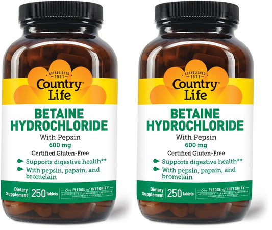 Front view of Country Life Betaine HCl with Pepsin 600 mg bottle with 250 tablets (pack of 2)